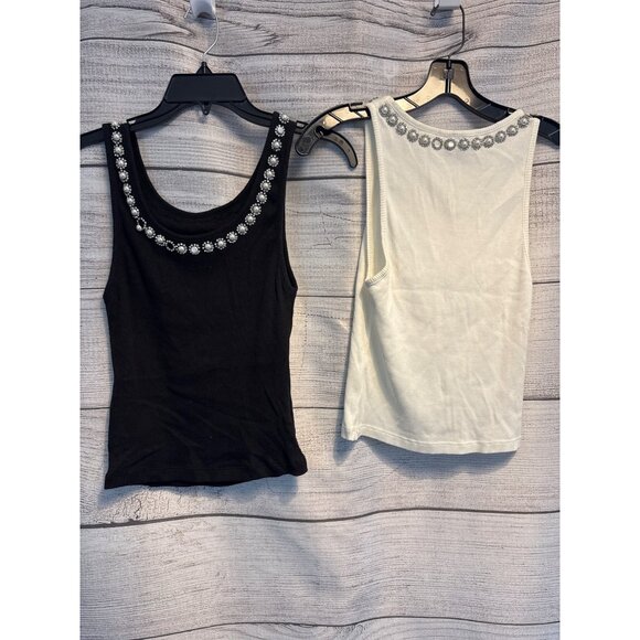 Alice + Olivia Kori Pearl Embellished Ribbed Tank Tops Size S - Picture 5 of 7